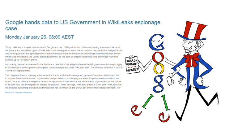 Wikileaks posteó un artículo en su blog haciendo la denuncia contra google. / Foto: captura de wikileaks.org