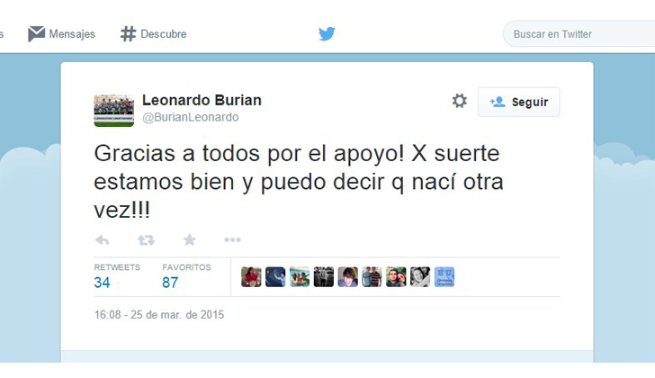 Burián publicó un twit en su cuenta ofician @BurianLeonardo afirmando que está bien.