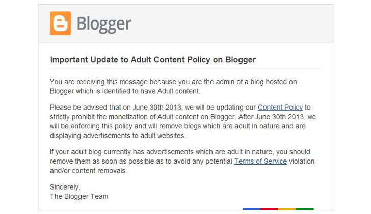 Este había sido el mensaje enviado a todos los administradores en 2013, cuando prohibieron el contenido para adulto en Blogger.