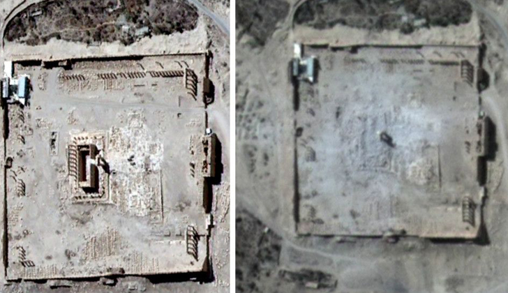 La imagen satelital de la derecha muestra cómo el templo desapareció al ser dinamitado por los extremistas religiosos. 