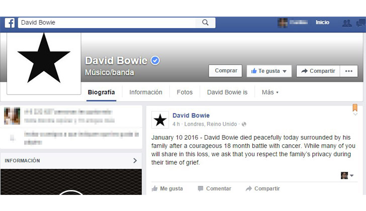 Esta publicación se hizo esta mañana en el fanpage oficial de David Bowie. Su hijo Dunca Jones también confirmó la muerte en Twitter. 