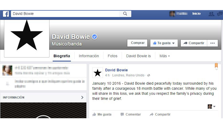 Esta publicación se hizo esta mañana en el fanpage oficial de David Bowie. Su hijo Dunca Jones también confirmó la muerte en Twitter.