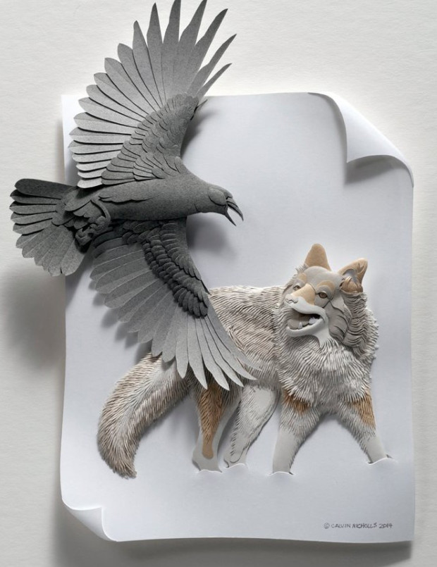 calvin-nicholls-insanely-detailed-paper-wolf-and-hawk-e1441725923333
