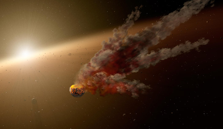 Representación artística de la explosión de un asteroide en el espacio. Foto: Wikimedia Commons.