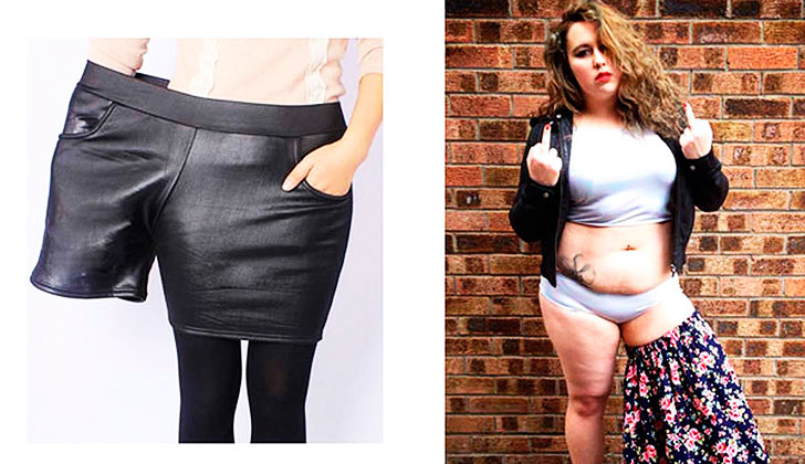 Diseñadora responde de manera original al sitio web que promociona shorts XL usando una modelo delgada.