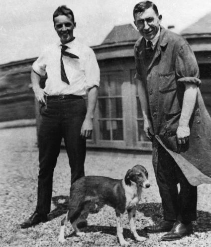 Charles Best (izquierda) y Frederick Banting junto a uno de los perros sin páncreas que fue tratado exitosamente con sus primeras preparaciones de insulina (agosto de 1921). 