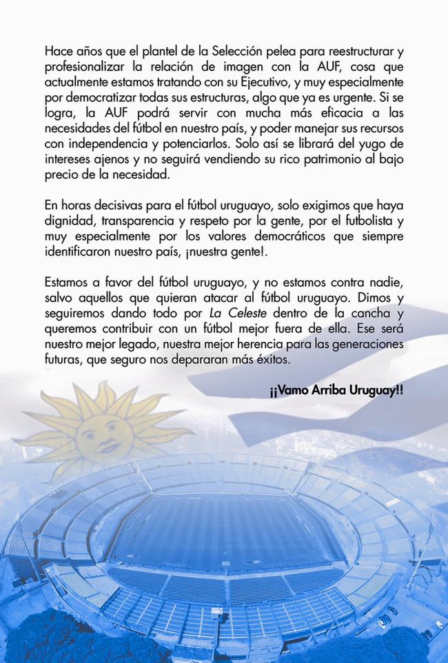 Esta fue la carta que Godín publicó en sus redes sociales y que otros jugadores -entre ellos Luís Suárez- compartieron. 