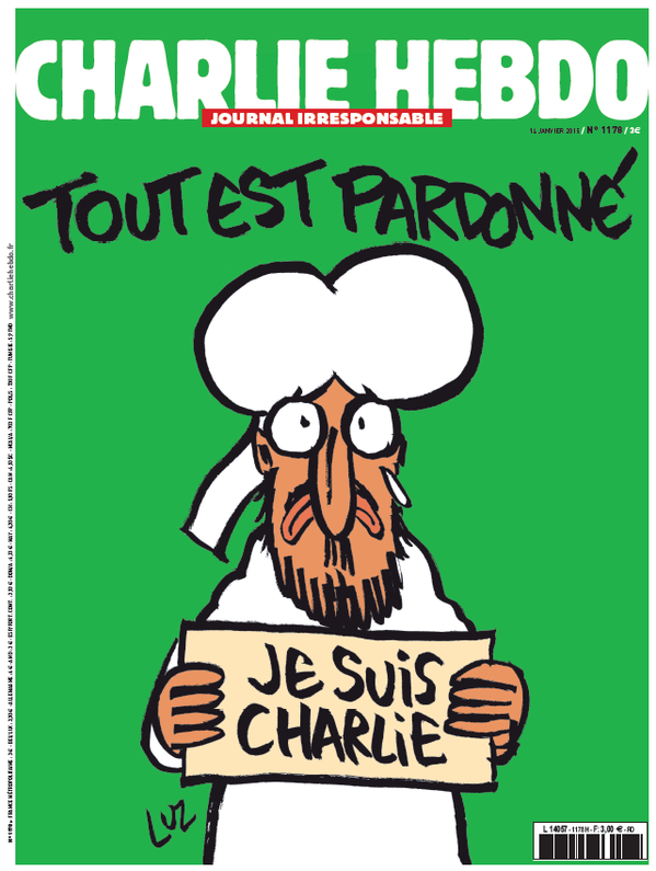La revista francesa Charlie Hebdo fue atacada por terroristas el 7 de enero de 2015 como protesta a la publicación de caricaturas blasfemas de Mahoma. Al día siguiente, el profeta máximo del islam volvió a aparecer en la portada sosteniendo el cartel "todo está perdonado". 