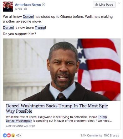 Esta noticia falsa afirmaba que Denzel Washington le había dado su apoyo a Donald Trump.
