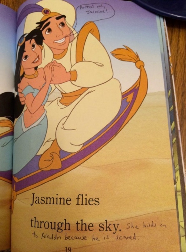 “¡Protégeme, Jasmine! Jasmine vuela por el cielo. Abraza a  Aladdin porque él tiene miedo“