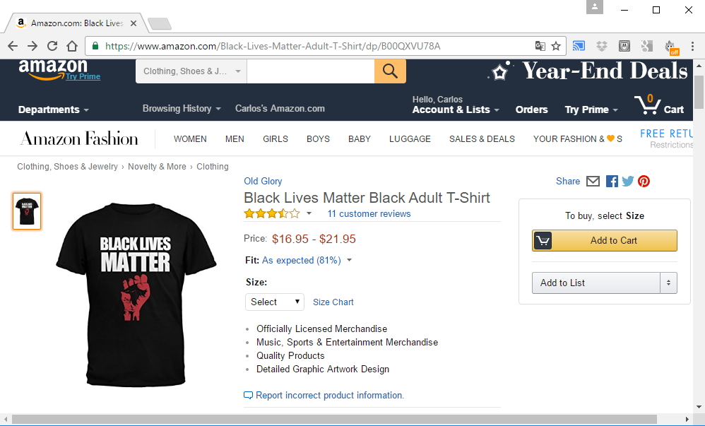 Una búsqueda rápida en Amazon despliega una serie de artículos de "Black Lives Matter". 