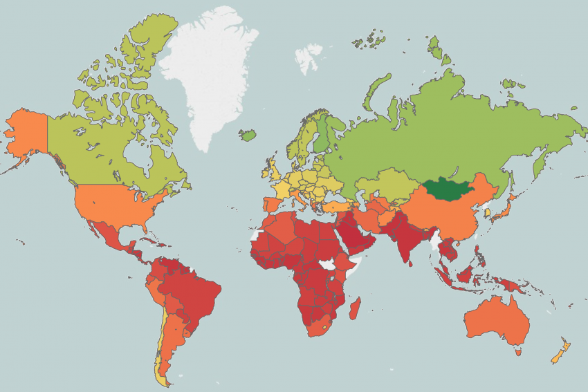 De verde a rojo los países que verán de menos a más estragos del cambio climático. Foto: Open Street Maps. 