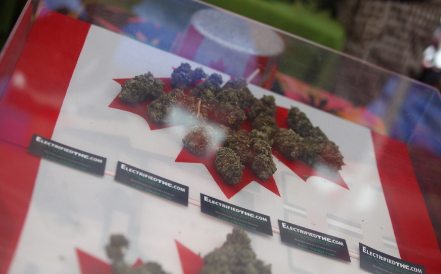 Cogollos de marihuana son exhibidos encima de una bandera canadiense en el Canada Cannabis Day 2014. Foto: Flick/GoToVan