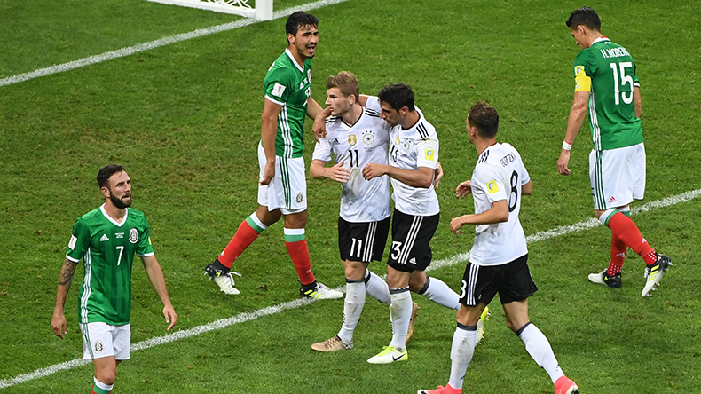 Germany's forward Timo Werner (C) celebrate with team mates after scoring during the 2017 Confederations Cup semi-final football match between Germany and Mexico at the Fisht Stadium in Sochi on June 29, 2017. / AFP PHOTO / Patrik STOLLARZ