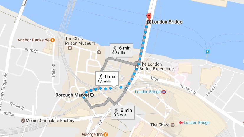 La distancia entre el London Bridge y el Borough Market es de 450 metros (unas 4 cuadras). Foto: Google Maps