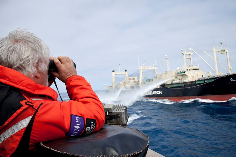 Un barco ballenero dispara potentes chorros de aguas para hundir al buque de Sea Shepherd.