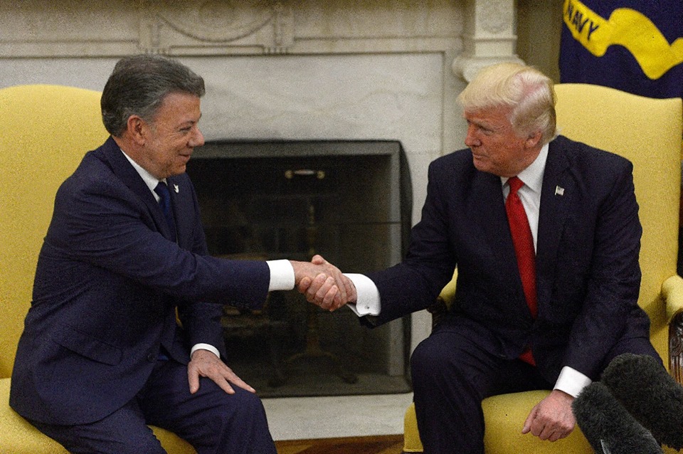 Juan Manuel Santos y Donald Trump en una reunión en la Casa Blanca en mayo pasado. Foto: Presidencia de Colombia