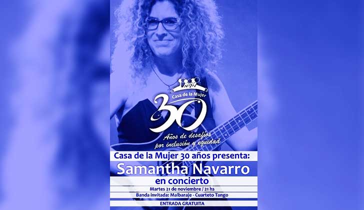 Samantha Navarro con entrada gratuita en la Sala Zitarrosa por los 30 años de la Casa de la Mujer.