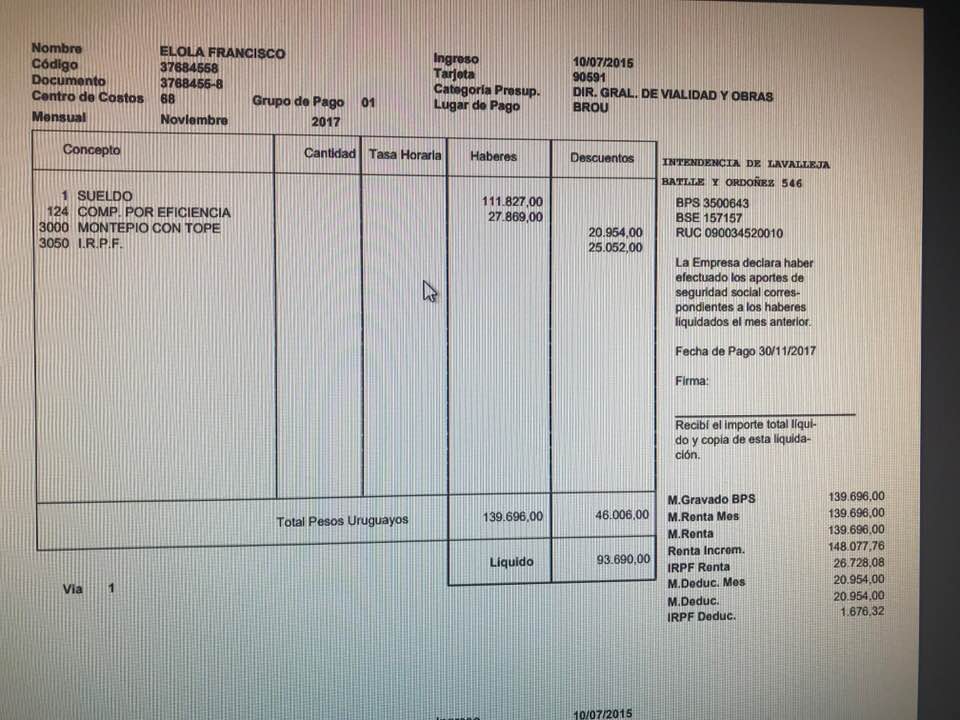 Recibo de sueldo de Gastón Elola compartido por la Intendente Adriana Peña
