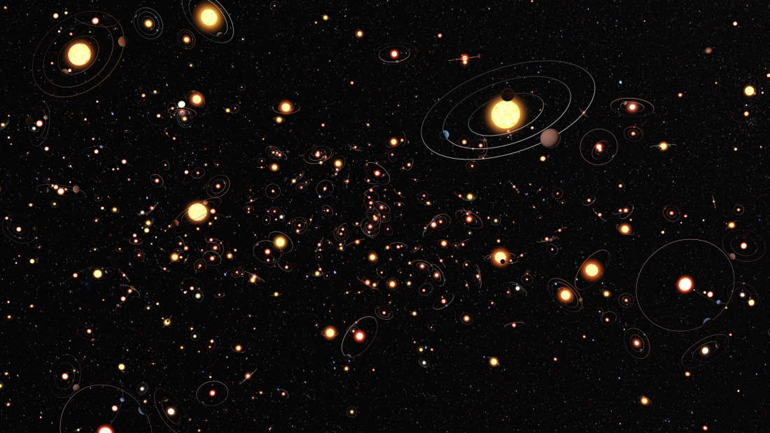 Representación artística de los exoplanetas y su ubicación según se ven desde la Tierra. Foto: ESO / M. Kornmesser
