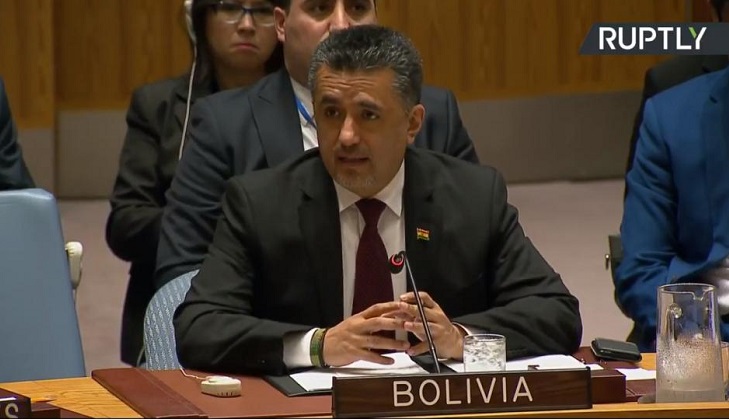 Bolivia en la ONU: "No se puede combatir la supuesta violación del derecho internacional con la violación del derecho internacional". Foto: Captura de video Ruply.