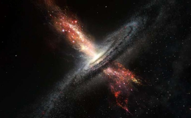 Impresión artística de una galaxia formando estrellas dentro de potentes flujos de material expulsados de un agujero negro supermasivo. Foto: ESO / M. Kornmesser