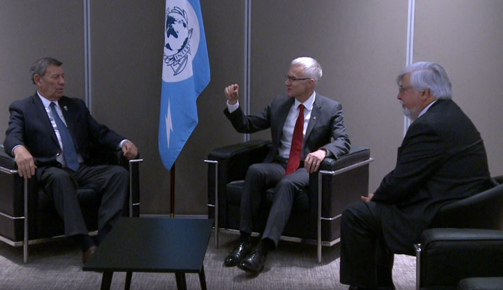 Rodolfo Nin Novoa (Relaciones Exteriores), secretario general de Interpol, Jürgen Stock y Eduardo Bonomi (Interior). Foto: Presidencia.