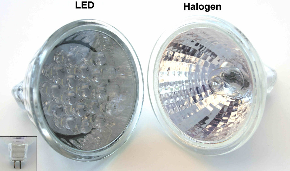 Luces LED (izq) y halógena, con el mismo tipo de acople. Foto: Wikimedia Commons 