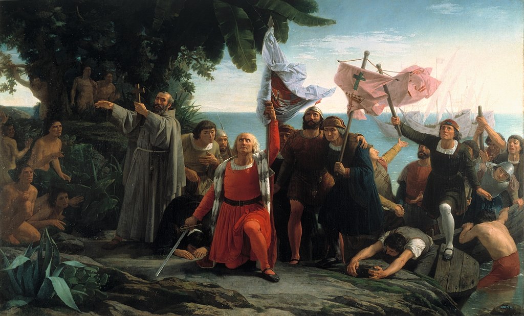 Pintura de Dióscoro Puebla representando la llegada de los españoles al Caribe en 1492