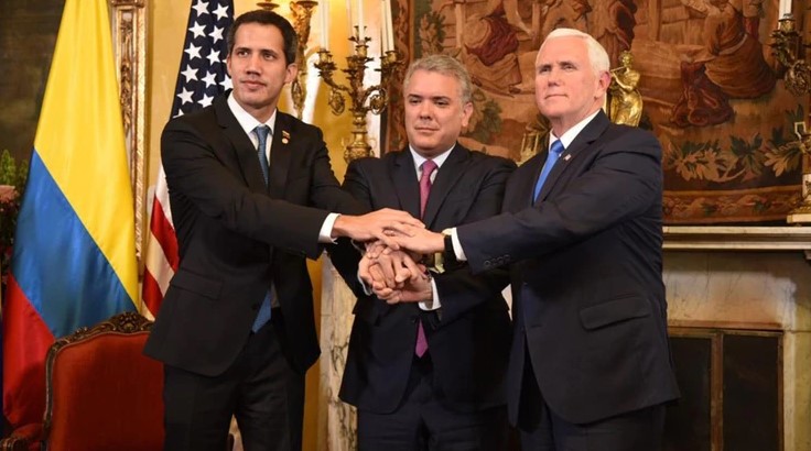 Juan Guaidó, Iván Duque y Mike Pence, en la previa de la cumbre del Grupo de Lima, meses atrás. 