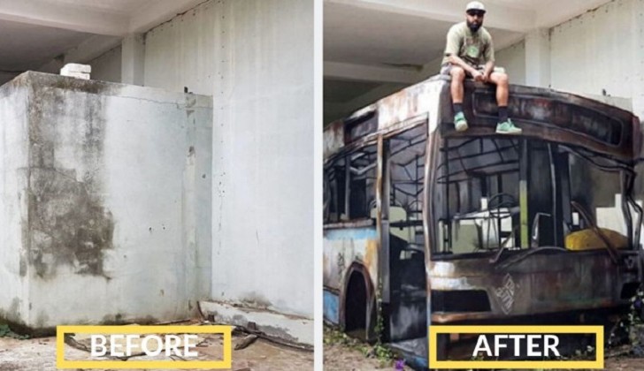 Este artista callejero transforma una pared de bloques en un ómnibus abandonado.