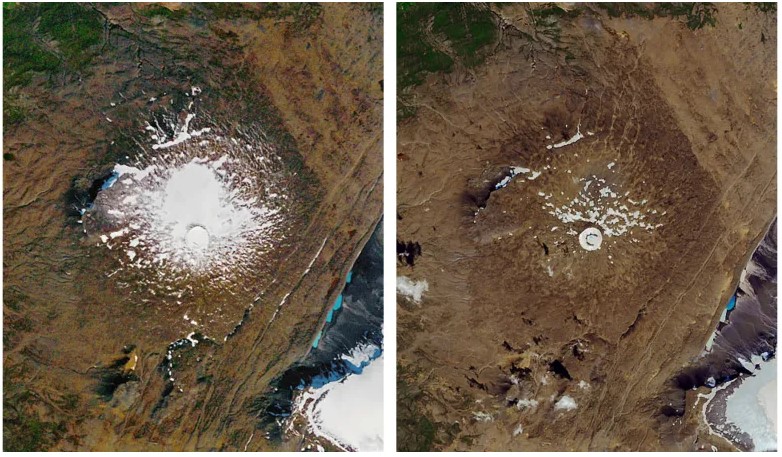 La reducción del glaciar Okjökull del 14 de septiembre de 1986 (izquierda) al 1 de agosto de 2019. Foto: NASA