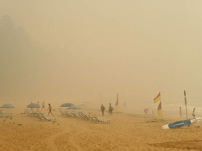 La playa de Manly Beach se vio totalmente cubierta de humo. Foto: Twitter / Lawrie Wilson