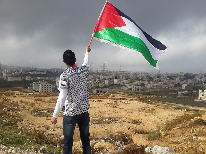 Un manifestantes ondea la bandera de Palestina. Foto: Wikimedia Commons