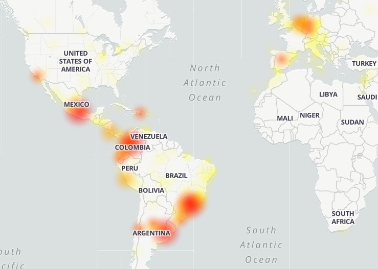 Las zonas rojas muestran los lugares donde se han reportado problemas con WhatsApp. Foto: Down Detector