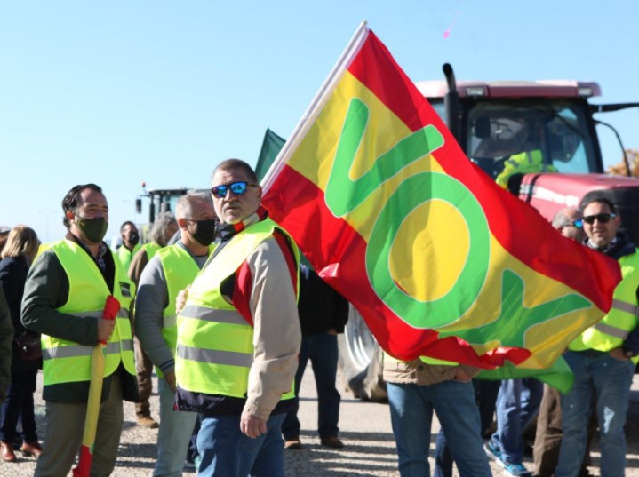 Militantes del partido de extrema derecha español Vox portan banderas del país con el logo de la agrupación sobreimpreso. Foto: Facebook / Vox España
