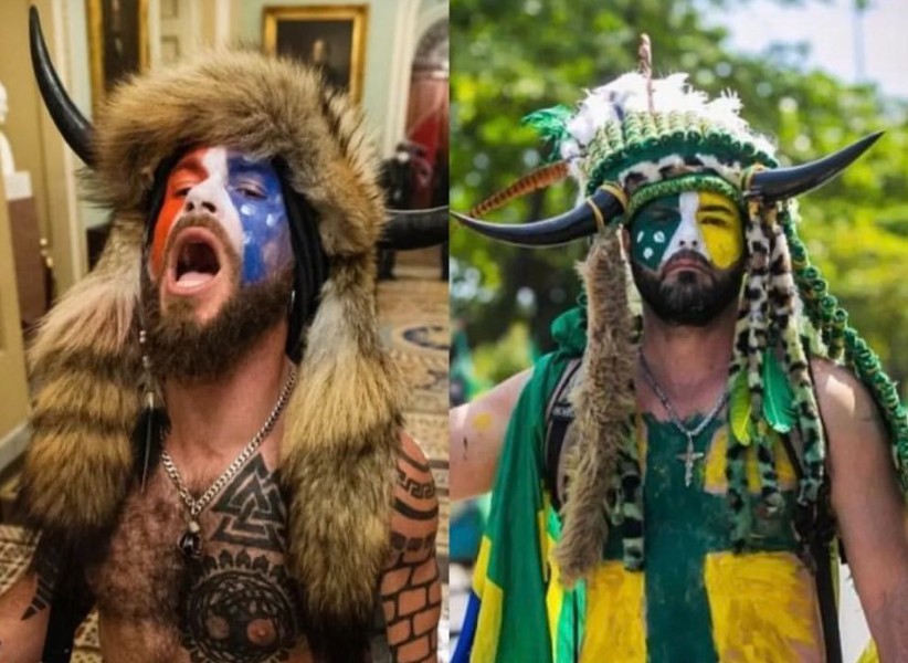 A la izquierda, Jake Angeli, quien se hizo famoso por su vestimenta en el asalto al Capitolio de Washington del 6 de enero de 2021. A la derecha, un fanático bolsonarista no identificado que vistió de forma semejante en su incursión en Brasilia. 