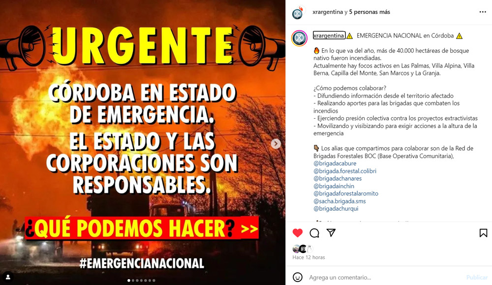 XR (Extintion-Rebelion) comparte por redes un llamado a la solidaridad y exige declaración de emergencia nacional, junto a la población cordobeza y bomberos. entre otras organizaciones.