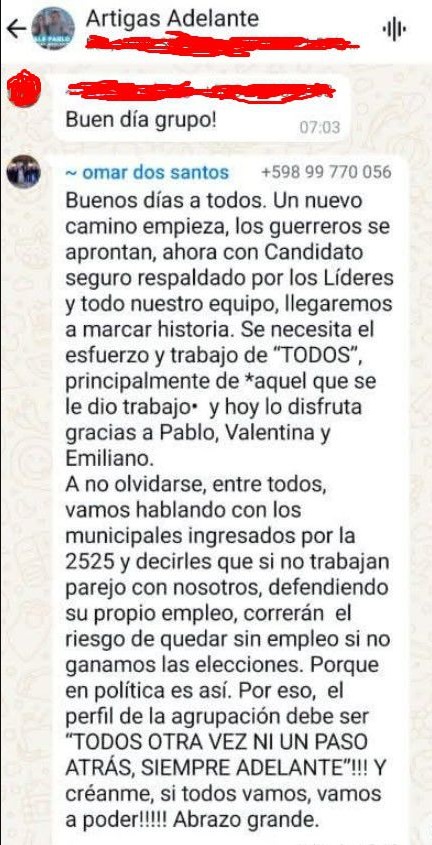 Un mensaje de Omar dos Santos en WhatsApp sugiere prácticas de clientelismo político en su sector justo antes de las elecciones.