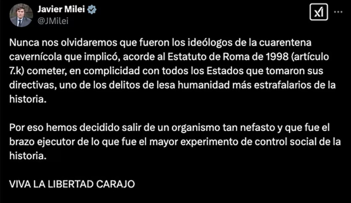 El presidente Milei justifica la retirada de Argentina de la OMS con fuertes críticas a la gestión de la pandemia de COVID-19.