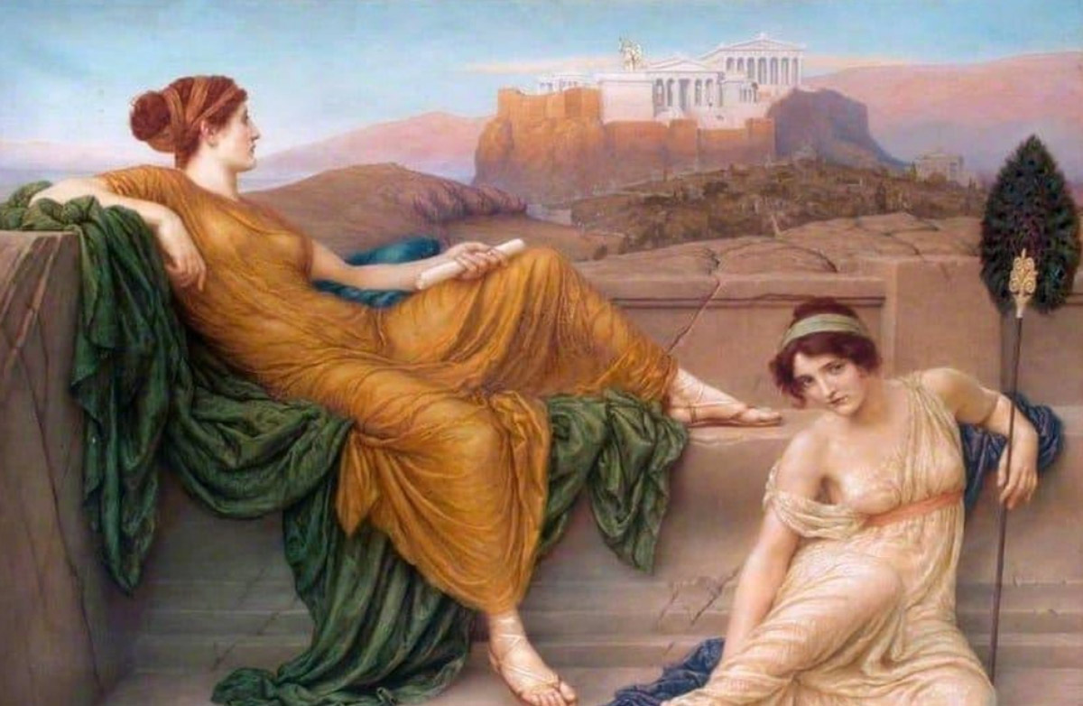 Cuadro al óleo de "Aspasia en el Pnyx" por Henry Holiday, 1888.