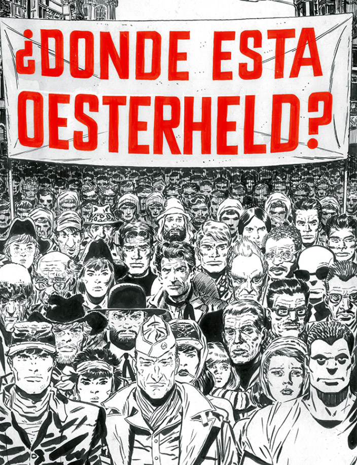 Imagen difundida en homenaje a la desaparición de Oesterheld un 27 de abril pero de 1977 durante la dictadura militar Argentina.