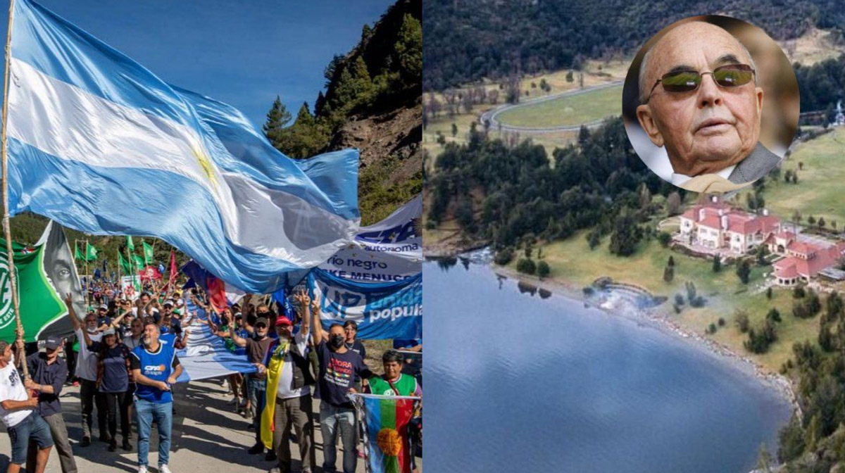 A la izquierda, una de las marchas pacíficas al Lago Escondido, a la derecha, la mansión del magnate Lewis.