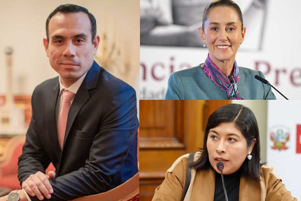 A la izquierda, el actual presidente de Perú Jerí Oré afiliado al partido derechista Somos Perú en 2013 y desde entonces ocupó varios cargos en esa formación política. A La derecha arriba, la actual presidente de México, Claudia Sheinbaum y debajo a la derecha la política peruana perteneciente al Partido de Perú Libre, Betssy Chávez, exministra durante el gobierno de Pablo Castillo, quién finalmente hubiera sido destituído por mayoría del Congreso en 2022 y cuyo cargo presidencial fue presedido por la exvicepresidenta actualmente destituída por Jerí, Dina Boluarte.