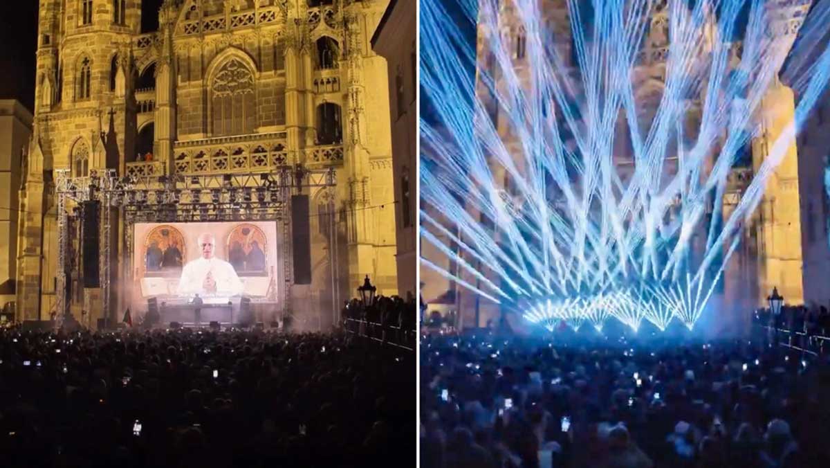 Durante el concierto, el Papa Leon XVI apareció en la pantalla para dar un mensaje dedicado al padre guilherme y el público del evento.