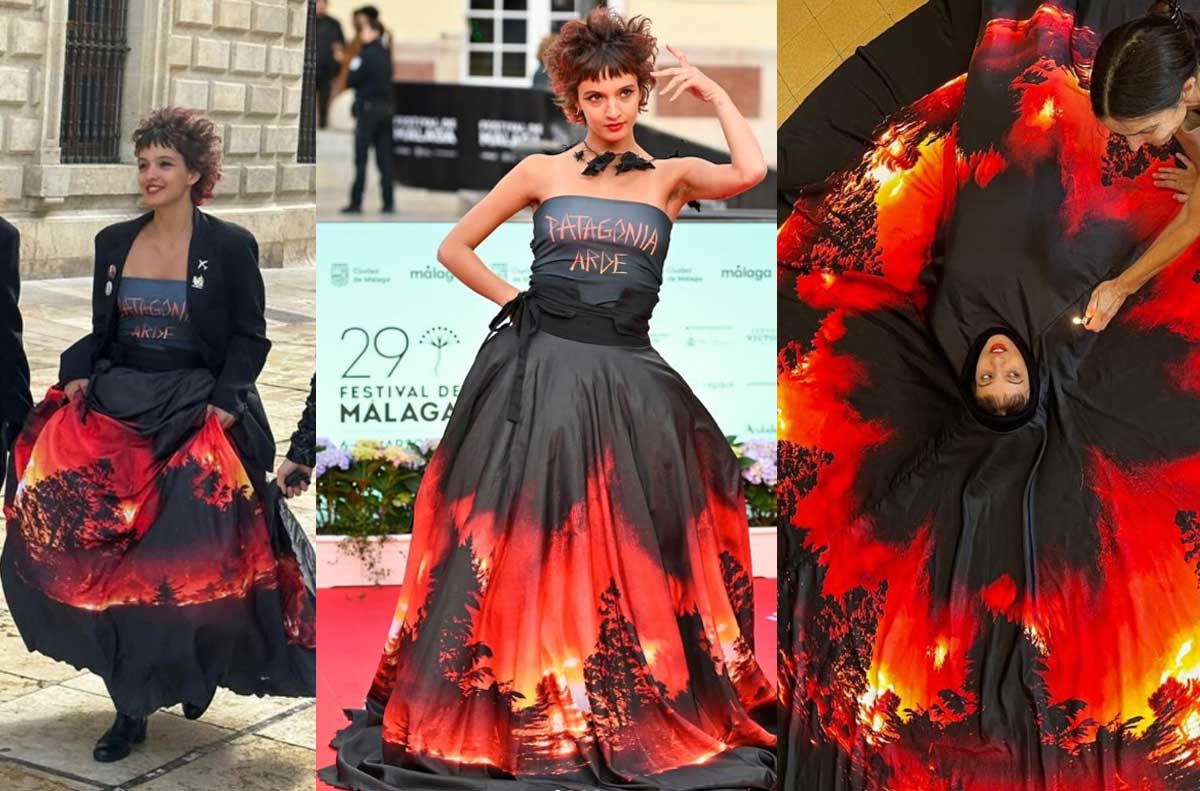 La directora argentina que cobró renombre por su opera prima con la que fue seleccionada en competencia oficial en el festival de cine de Málaga, usando el vestido que tiene de estampa una imagen real de la patagonia ardiendo en llamas.