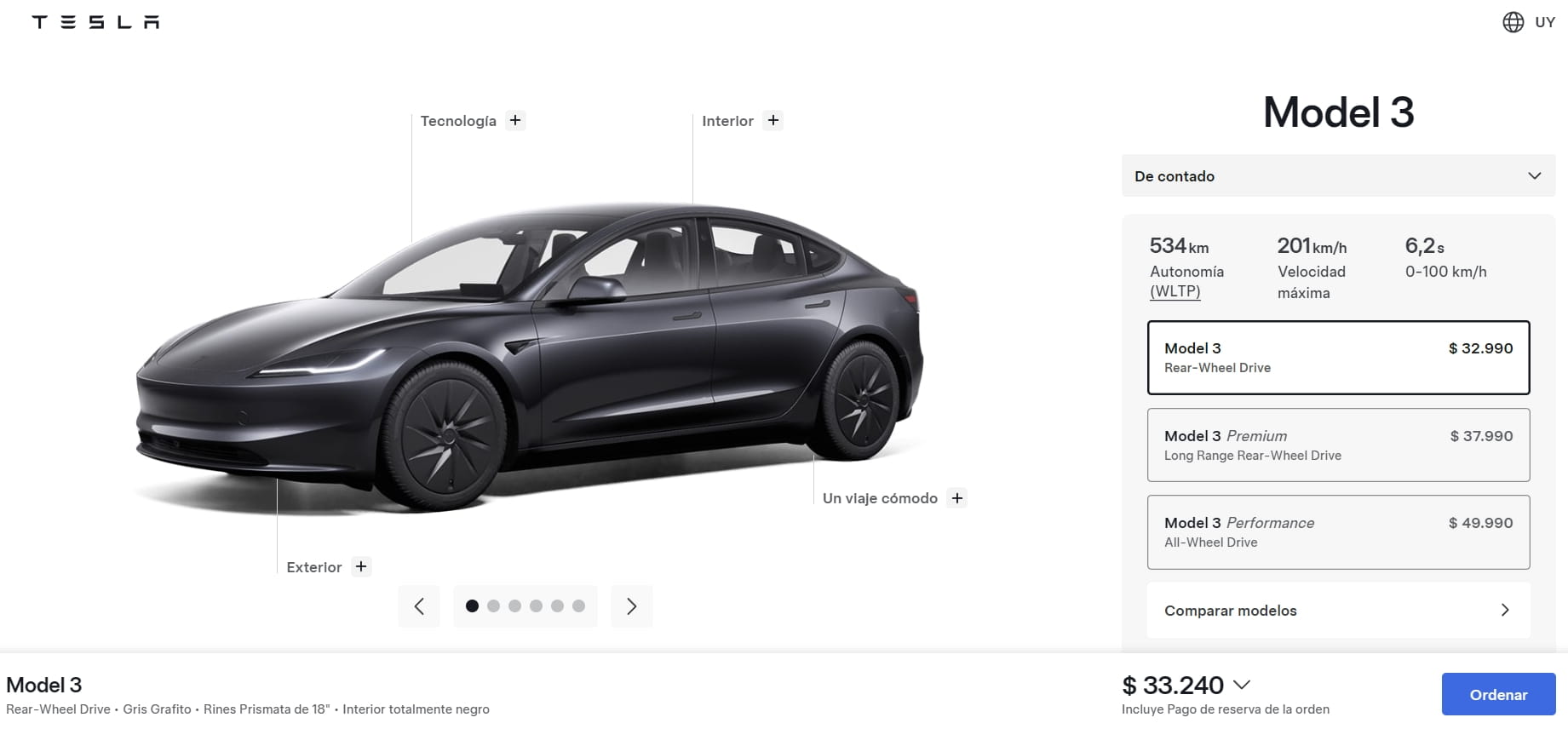 Captura de la web de Tesla Uruguay