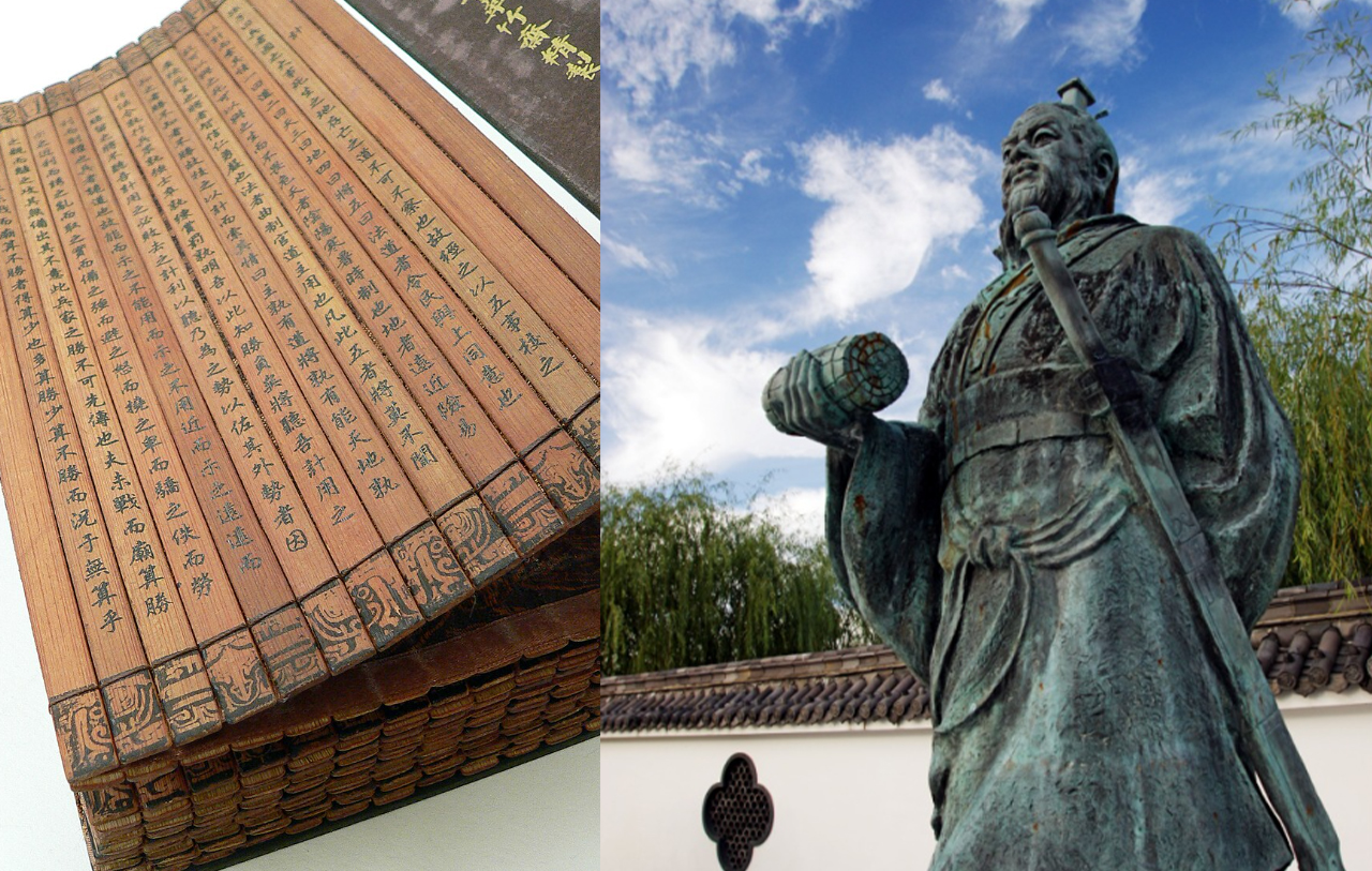 Las milenarias escrituras de Sun Tze hechas en bamboo y la estatua en su honor, que sostiene dicha tabla enrollada en la mano.