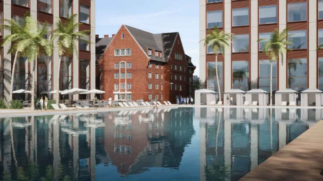 Render del proyecto del hotel Cipriani Punta del Este, visto desde una de las piscinas