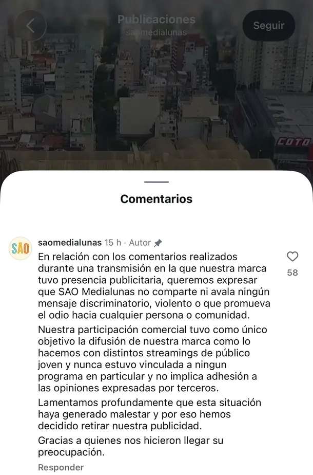 SAO Medialunas retiró su publicidad de Carajo Stream